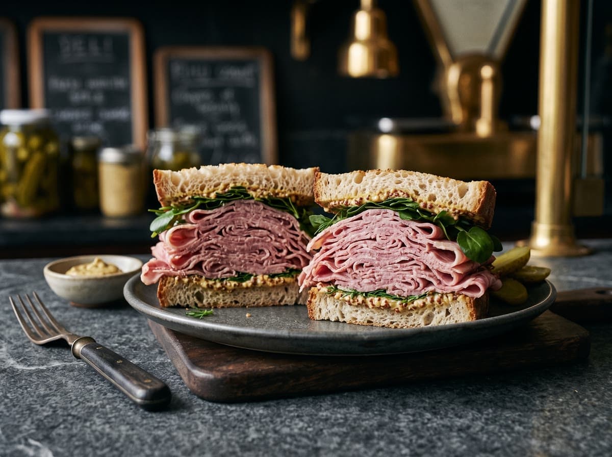 Разрез сэндвича с пастрами: слои мяса между ломтиками хлеба